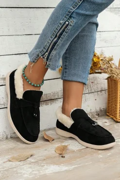 Outlet Dear-Lover Suede Furry Lined Slip on Flat Shoes Black