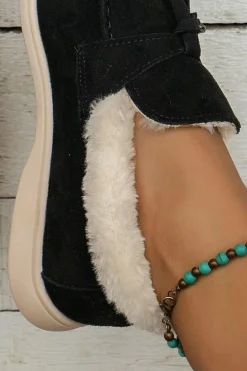 Outlet Dear-Lover Suede Furry Lined Slip on Flat Shoes Black