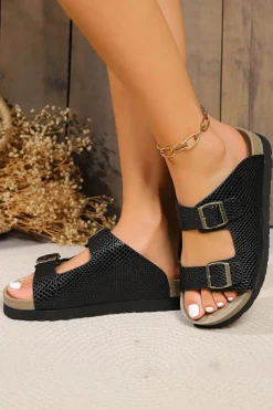 Sale Dear-Lover Suede Textured Buckle Straps Beach Slippers Black