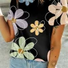 Clearance Dear-Lover Summer Flower Print Casual Round Neck T Shirt Black