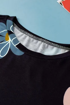 Clearance Dear-Lover Summer Flower Print Casual Round Neck T Shirt Black