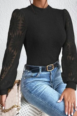 New Dear-Lover Sunflower Mesh Bubble Sleeve Waffle Knit Top Black
