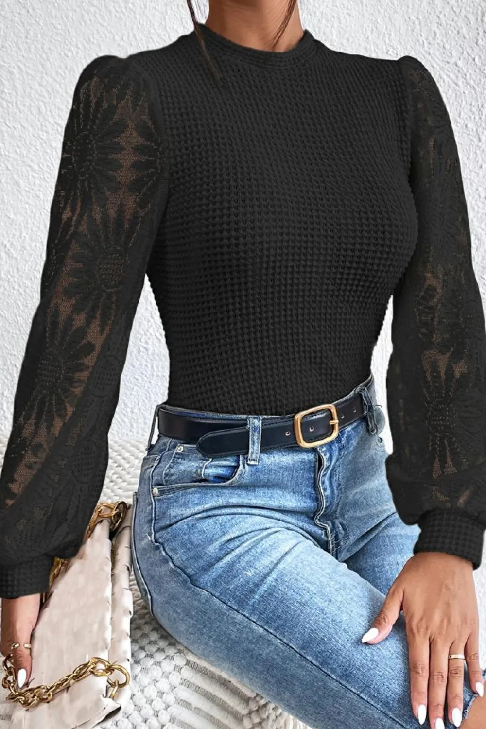 New Dear-Lover Sunflower Mesh Bubble Sleeve Waffle Knit Top Black