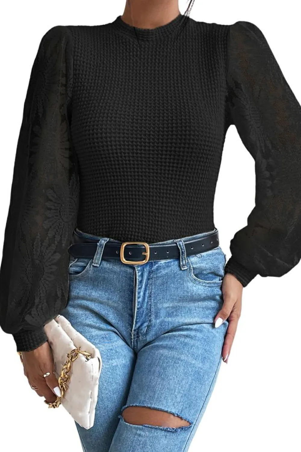 New Dear-Lover Sunflower Mesh Bubble Sleeve Waffle Knit Top Black