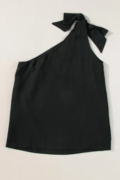 Best Dear-Lover Textured Bowknot One Shoulder Tank Top Black