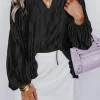 Sale Dear-Lover Textured Bubble Sleeve V Neck Loose Blouse Black
