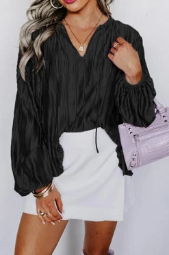 Sale Dear-Lover Textured Bubble Sleeve V Neck Loose Blouse Black