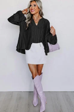 Sale Dear-Lover Textured Bubble Sleeve V Neck Loose Blouse Black