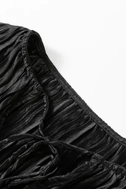 Sale Dear-Lover Textured Bubble Sleeve V Neck Loose Blouse Black