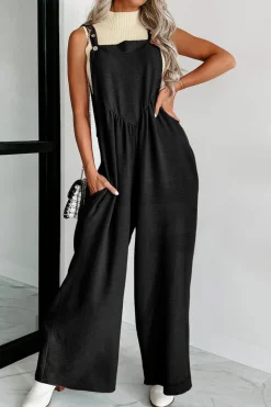 Discount Dear-Lover Textured Buttoned Straps Ruched Wide Leg Jumpsuit Black