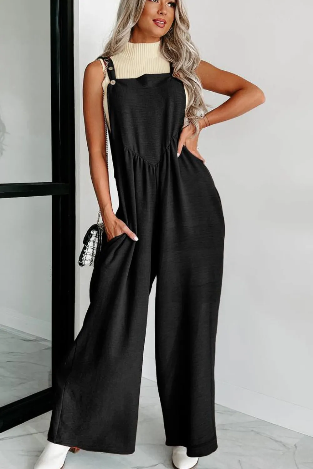 Discount Dear-Lover Textured Buttoned Straps Ruched Wide Leg Jumpsuit Black