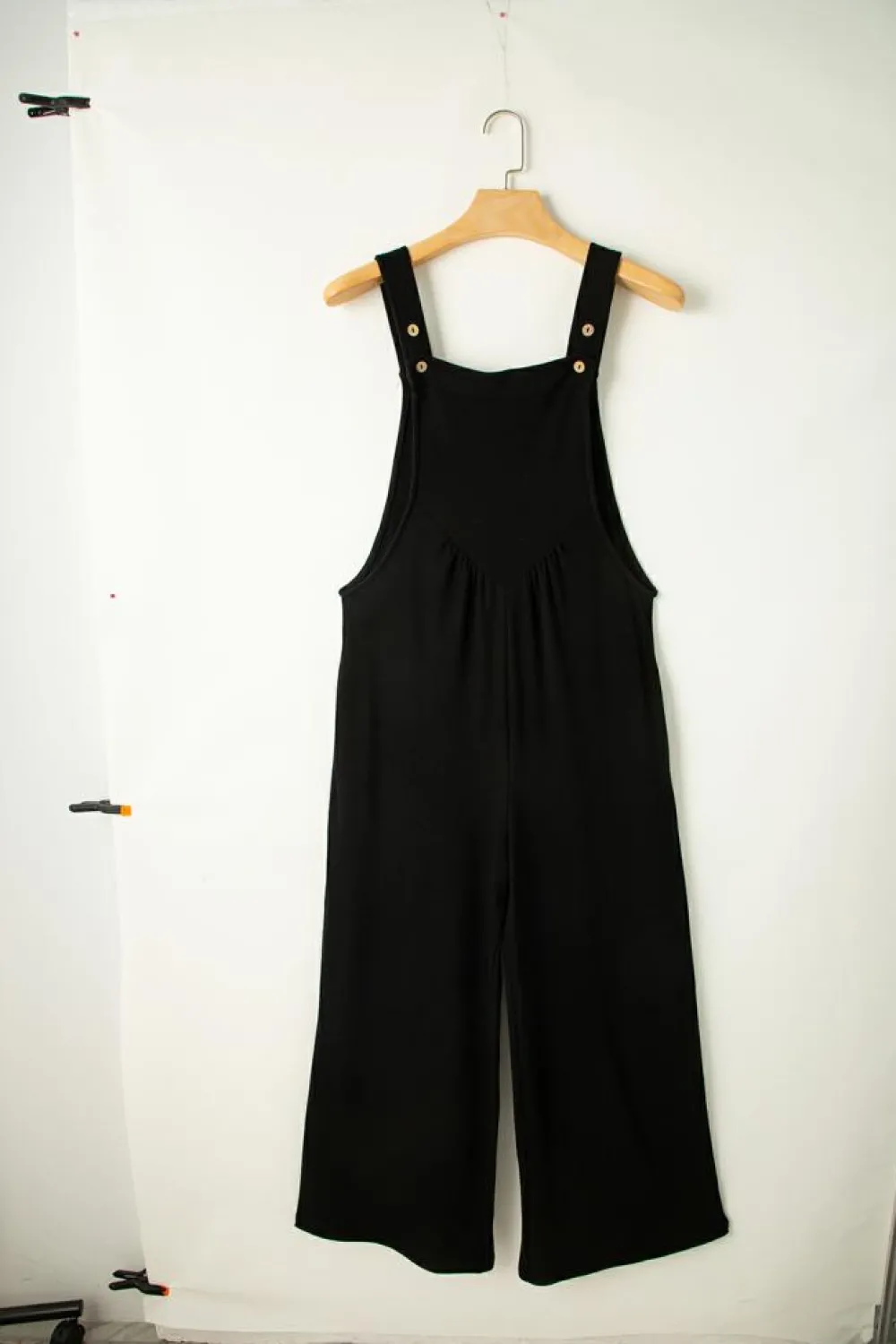 Discount Dear-Lover Textured Buttoned Straps Ruched Wide Leg Jumpsuit Black