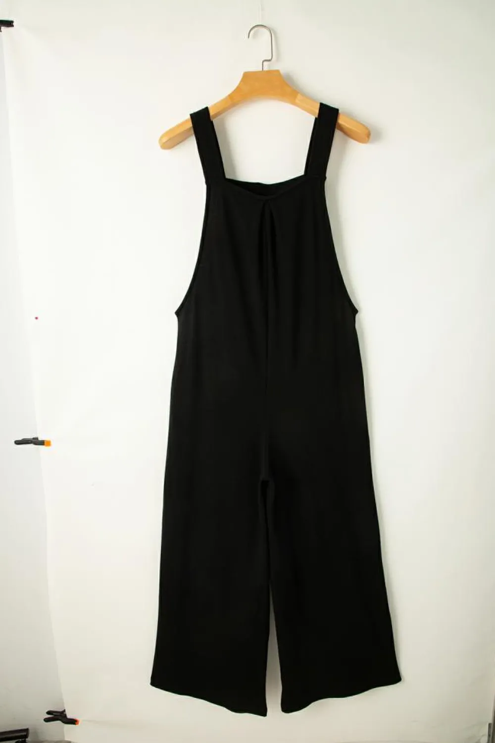 Discount Dear-Lover Textured Buttoned Straps Ruched Wide Leg Jumpsuit Black