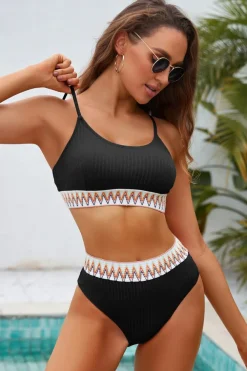 Discount Dear-Lover Textured Contrast Banding Bikini High Waist 2pcs Swimsuit Black
