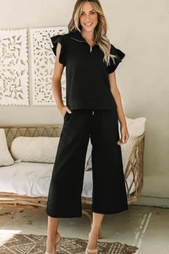 Clearance Dear-Lover Textured Flutter Sleeve Top Wide Leg Pants Set Black