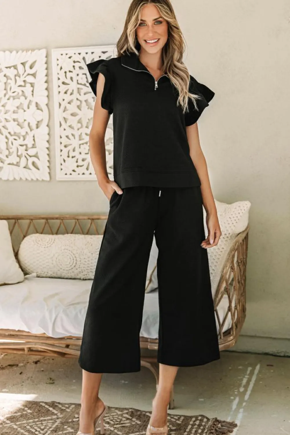 Clearance Dear-Lover Textured Flutter Sleeve Top Wide Leg Pants Set Black