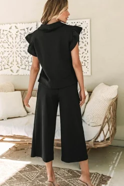 Clearance Dear-Lover Textured Flutter Sleeve Top Wide Leg Pants Set Black