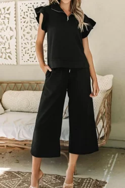 Clearance Dear-Lover Textured Flutter Sleeve Top Wide Leg Pants Set Black