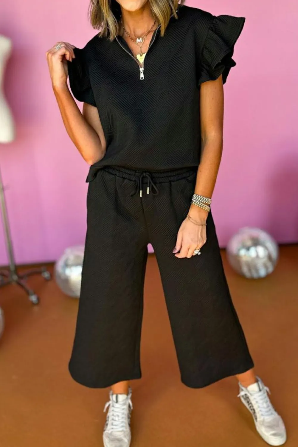 Clearance Dear-Lover Textured Flutter Sleeve Top Wide Leg Pants Set Black