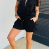 Clearance Dear-Lover Textured Half Zip Kangaroo Pocket Top Drawstring Shorts Set Black