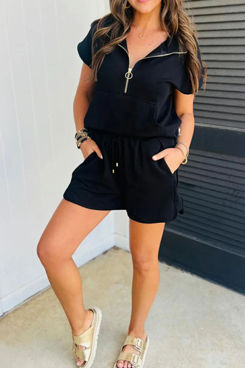 Clearance Dear-Lover Textured Half Zip Kangaroo Pocket Top Drawstring Shorts Set Black