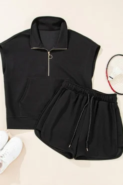 Clearance Dear-Lover Textured Half Zip Kangaroo Pocket Top Drawstring Shorts Set Black