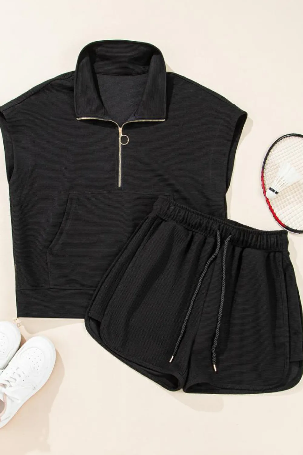 Clearance Dear-Lover Textured Half Zip Kangaroo Pocket Top Drawstring Shorts Set Black