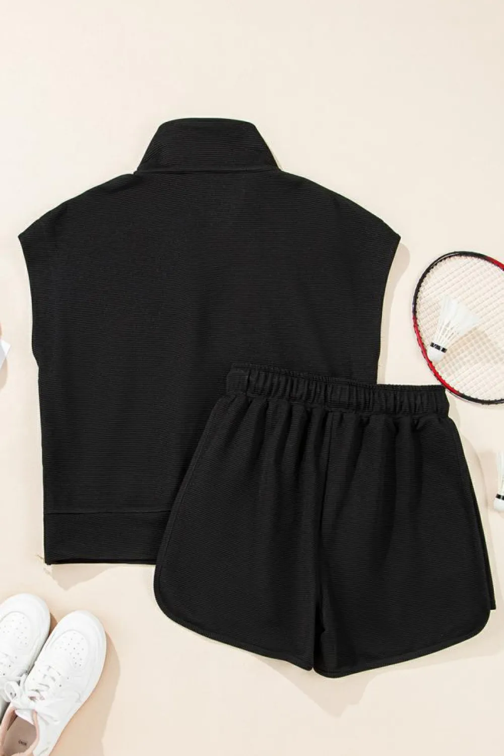 Clearance Dear-Lover Textured Half Zip Kangaroo Pocket Top Drawstring Shorts Set Black