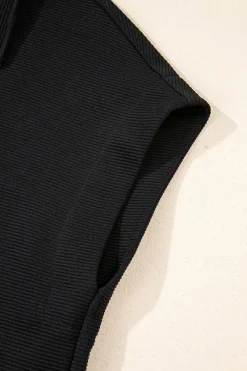 Clearance Dear-Lover Textured Half Zip Kangaroo Pocket Top Drawstring Shorts Set Black