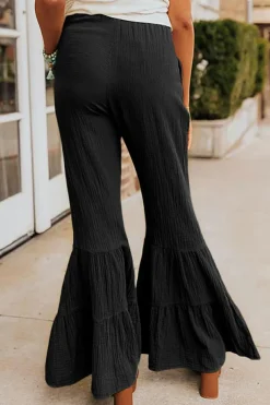 Clearance Dear-Lover Textured High Waist Ruffled Bell Bottom Pants Black