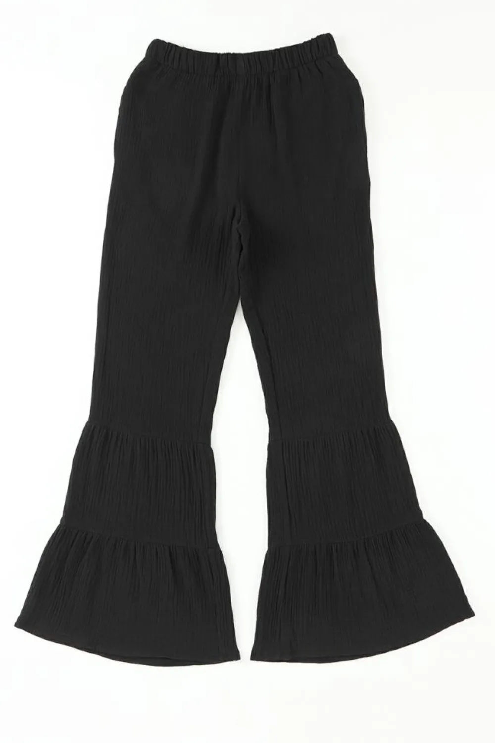 Clearance Dear-Lover Textured High Waist Ruffled Bell Bottom Pants Black