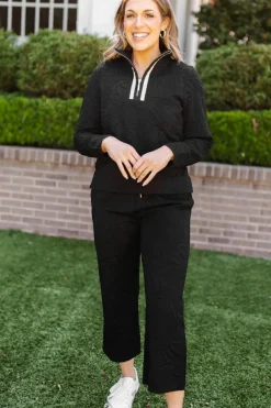 Outlet Dear-Lover Textured Jacquard Quarter Zip Top and Crop Pants Set Black