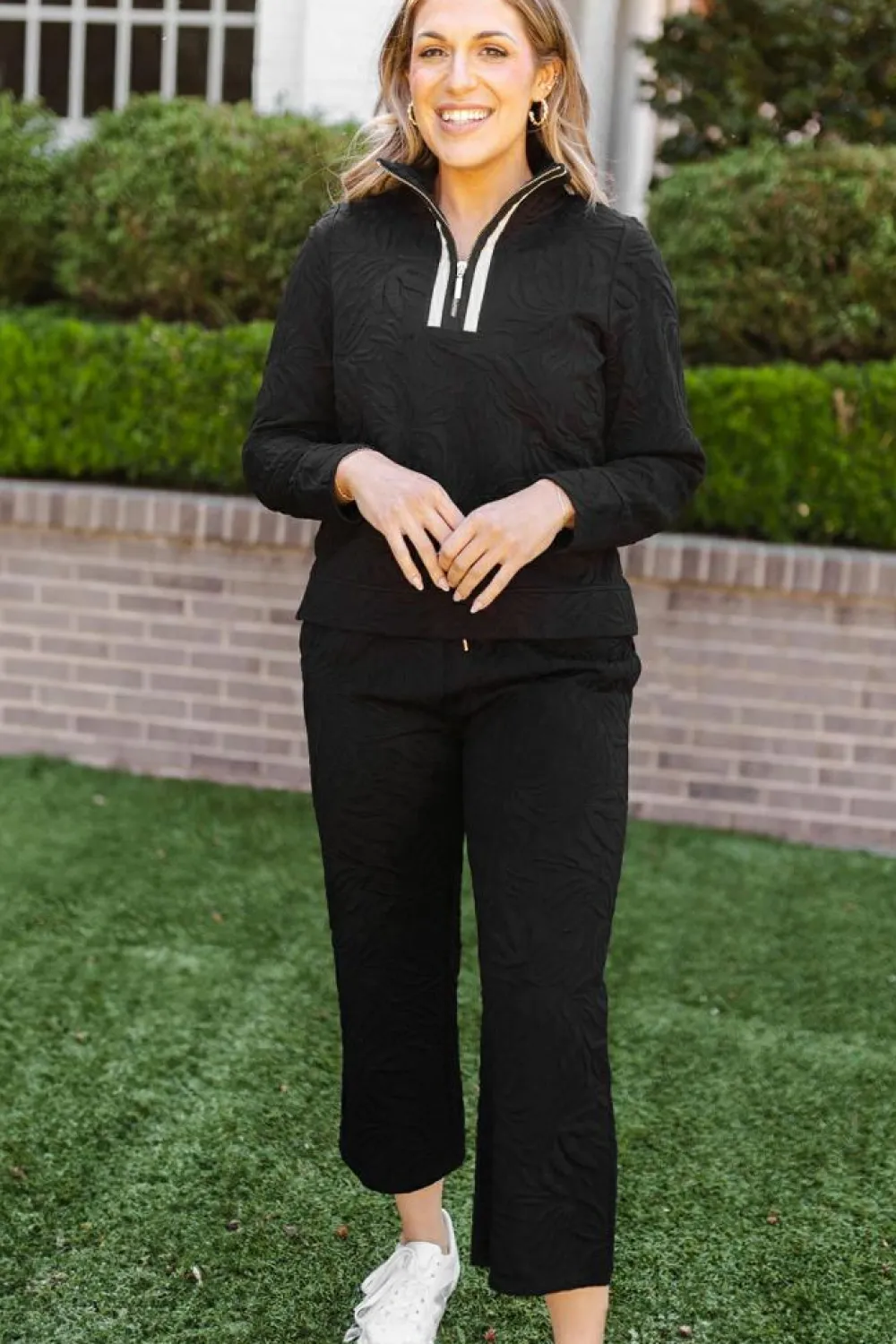 Outlet Dear-Lover Textured Jacquard Quarter Zip Top and Crop Pants Set Black