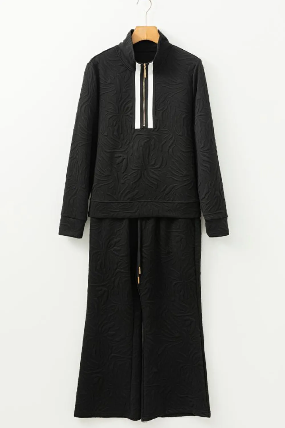 Outlet Dear-Lover Textured Jacquard Quarter Zip Top and Crop Pants Set Black
