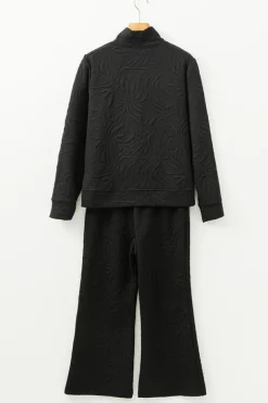 Outlet Dear-Lover Textured Jacquard Quarter Zip Top and Crop Pants Set Black