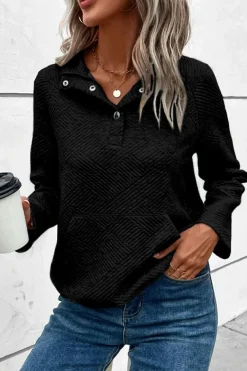 Sale Dear-Lover Textured Knit Buttoned Kangaroo Pocket Sweatshirt Black
