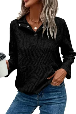 Sale Dear-Lover Textured Knit Buttoned Kangaroo Pocket Sweatshirt Black