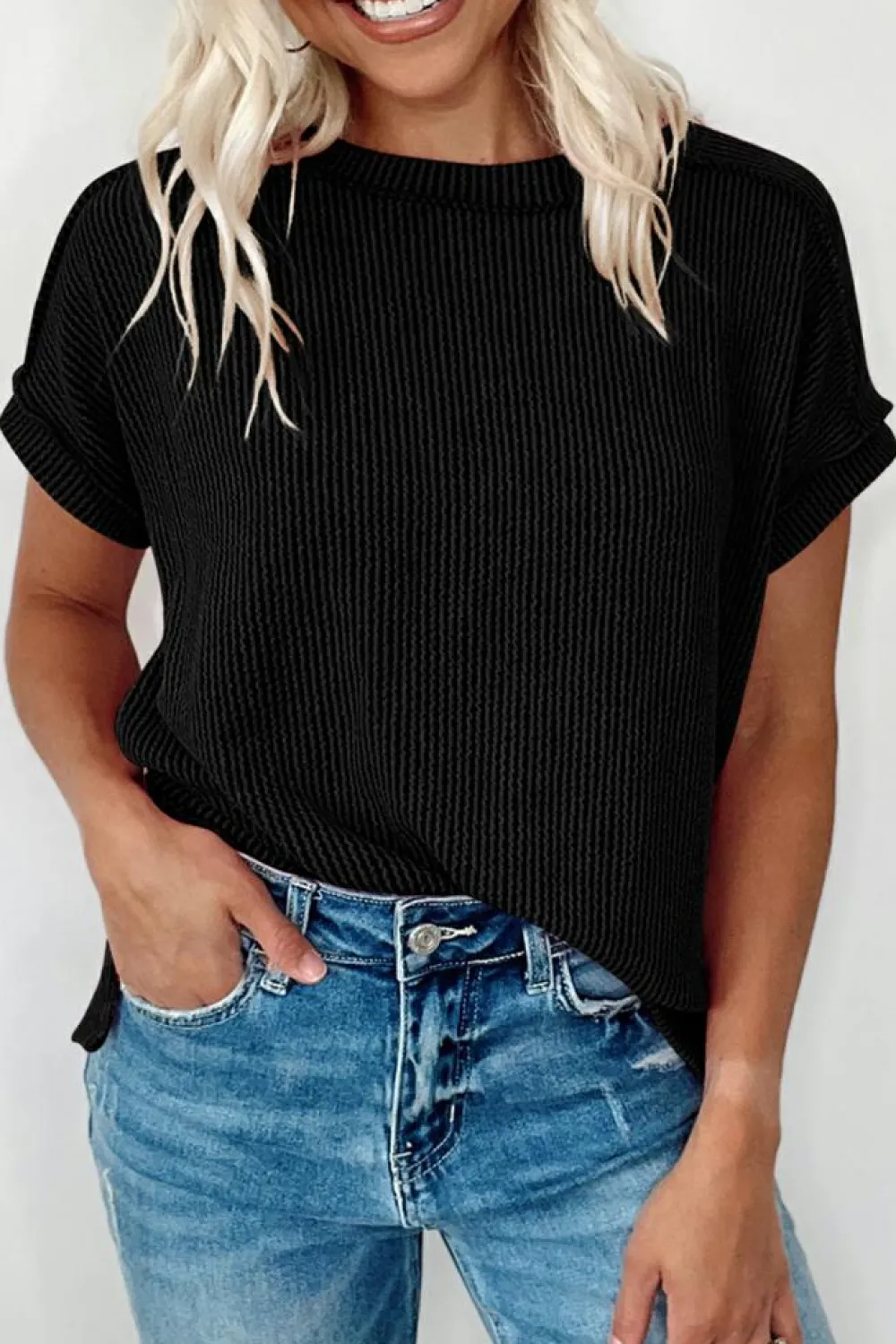 New Dear-Lover Textured Knit Exposed Stitching T-shirt Black