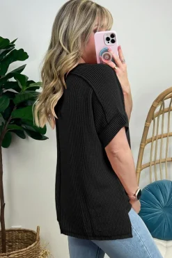 New Dear-Lover Textured Knit Exposed Stitching T-shirt Black