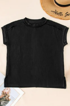 New Dear-Lover Textured Knit Exposed Stitching T-shirt Black