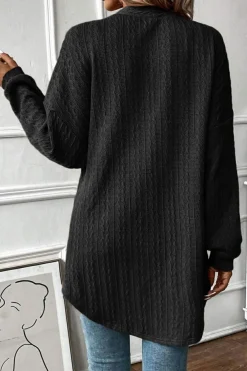 New Dear-Lover Textured Knit Side Pockets Open Front Cardigan Black