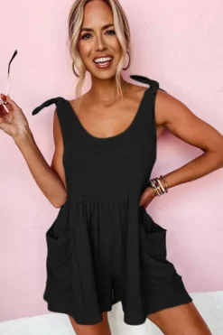 Outlet Dear-Lover Textured Knotted Straps High Waist Wide Leg Romper Black