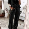 New Dear-Lover Textured Long Sleeve T Shirt and Pants Lounge Set Black