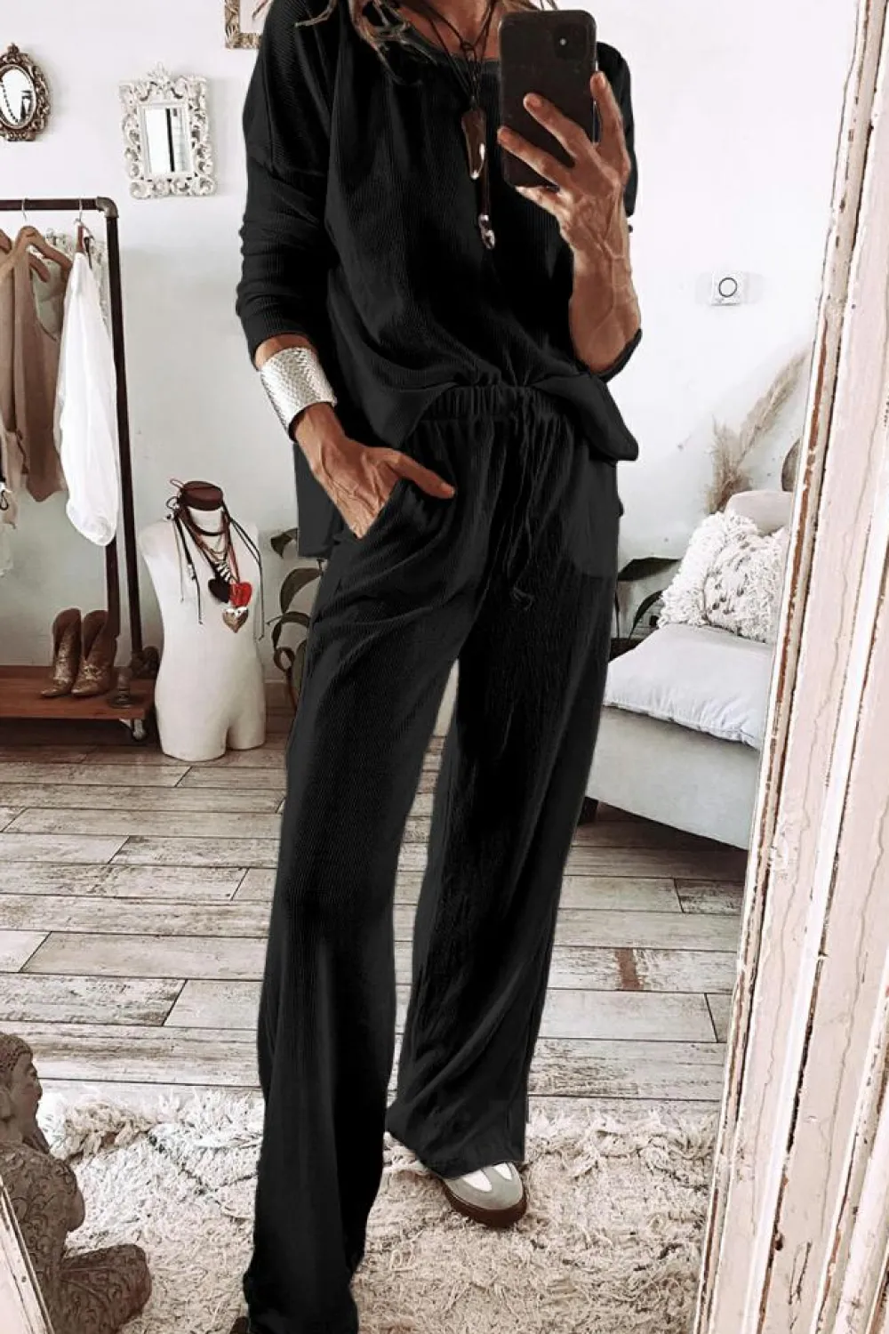 New Dear-Lover Textured Long Sleeve T Shirt and Pants Lounge Set Black