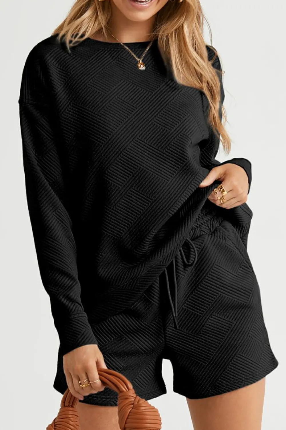 New Dear-Lover Textured Long Sleeve Top and Drawstring Shorts Set Black