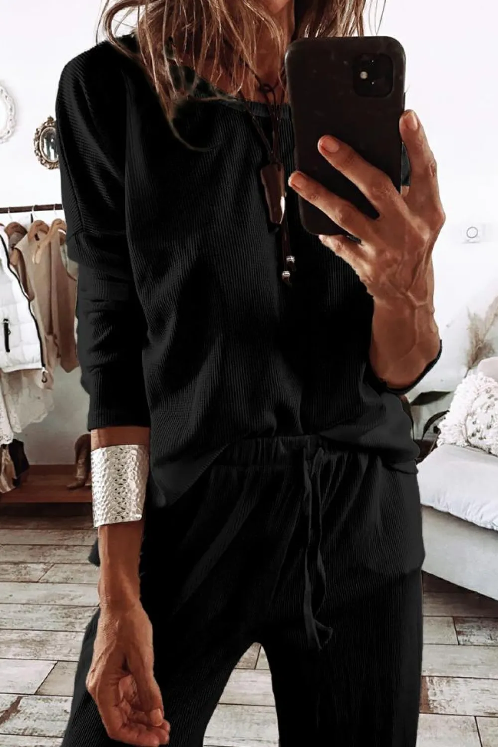 New Dear-Lover Textured Long Sleeve T Shirt and Pants Lounge Set Black