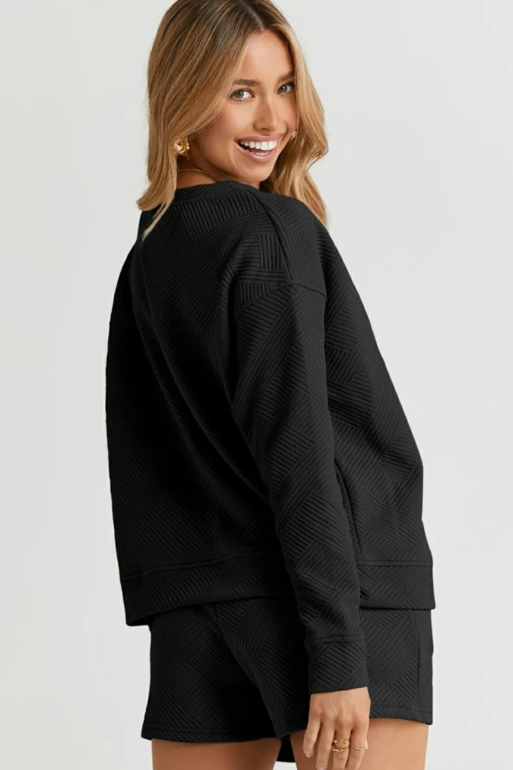 New Dear-Lover Textured Long Sleeve Top and Drawstring Shorts Set Black