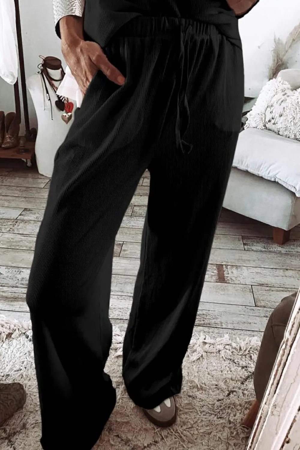New Dear-Lover Textured Long Sleeve T Shirt and Pants Lounge Set Black