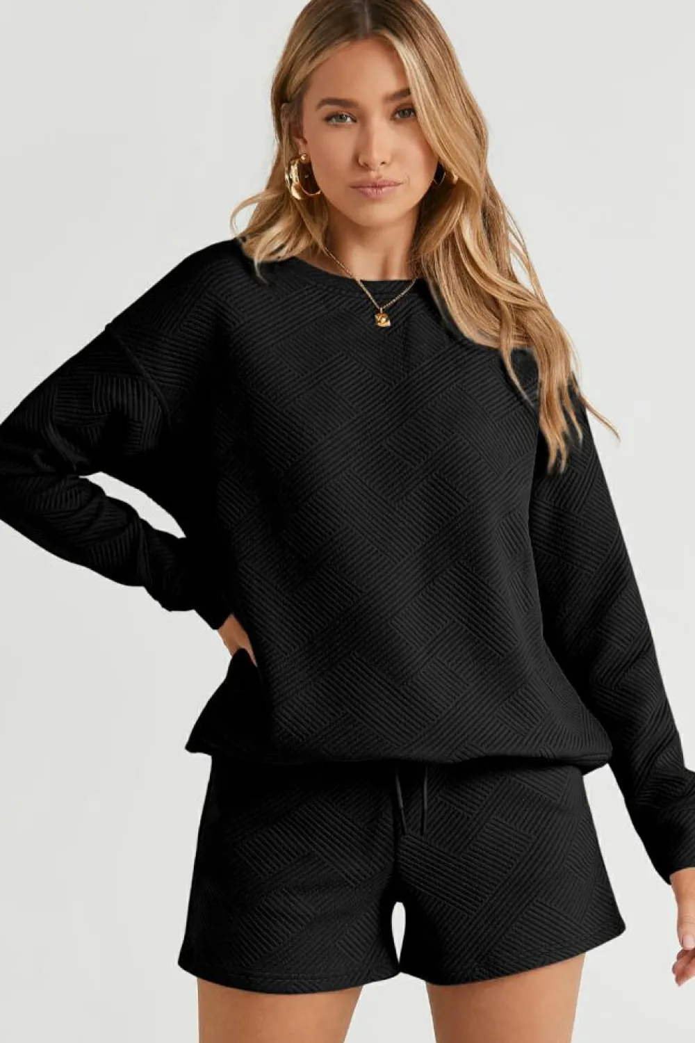 New Dear-Lover Textured Long Sleeve Top and Drawstring Shorts Set Black