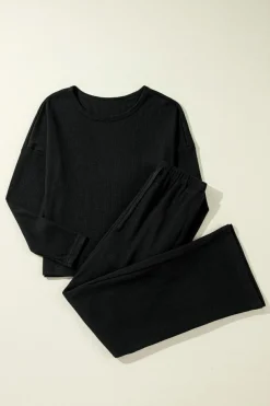 New Dear-Lover Textured Long Sleeve T Shirt and Pants Lounge Set Black